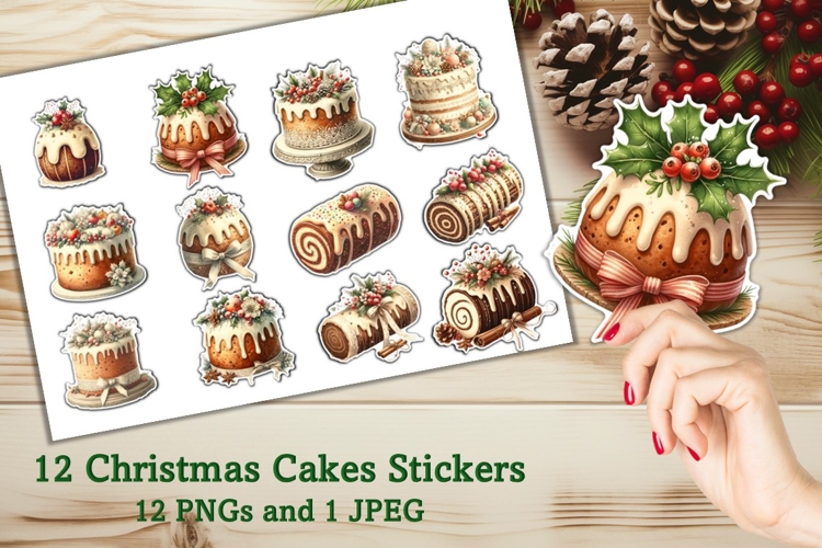 12 Christmas Cakes Stickers JPEG and PNGs