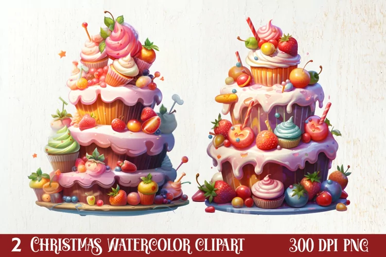Christmas Cake Watercolor Clipart Sublimation, Christmas PNG