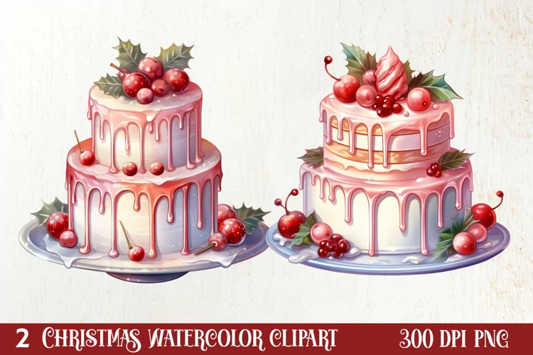 Christmas Cake Watercolor Clipart Sublimation, Christmas PNG