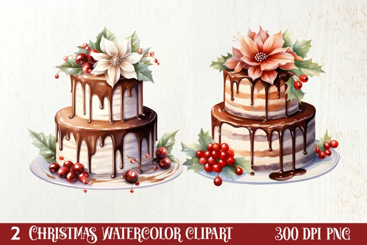 Christmas Cake Watercolor Clipart Sublimation, Christmas PNG