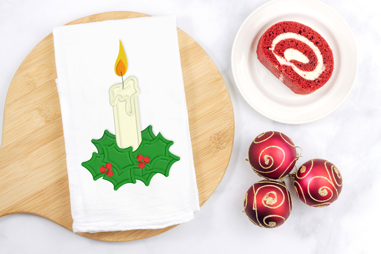 Christmas Candle with Holly Applique Embroidery File