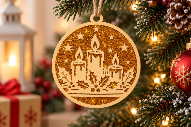 Christmas Candle Gold Glitter Layered Ornament SVG File example image 1