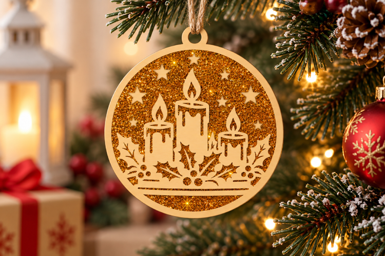 Christmas Candle Gold Glitter Layered Ornament SVG File