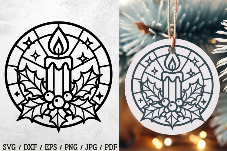 Add classic charm to your holidays with this Christmas candle holly SVG! Featuring a glowing candle, holly leaves and berries in a stunning stained glass style, this design is perfect for ornaments, cards, mugs, shirts, and seasonal crafts.