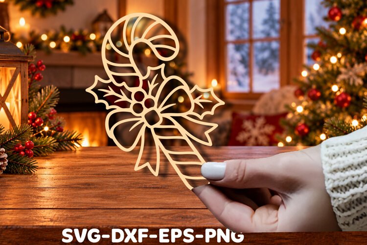 Christmas Candy Cane & Holly Bow Laser Cut example image 1
