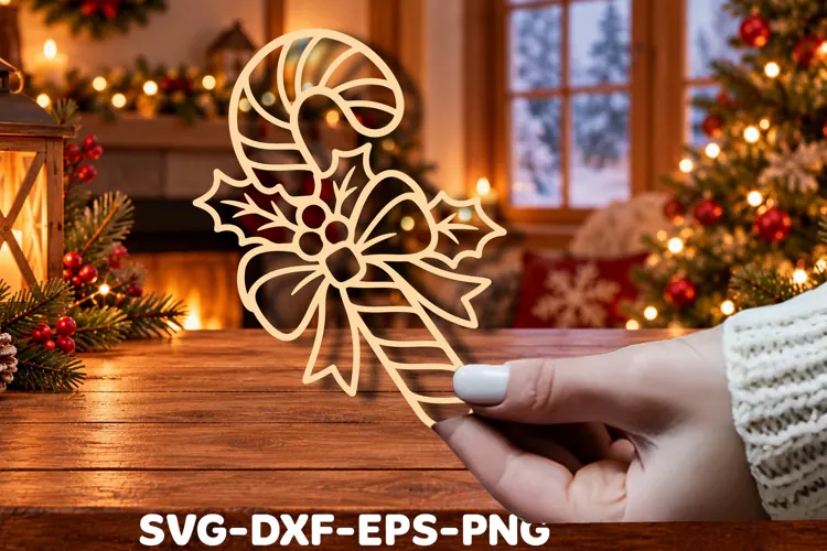 Christmas Candy Cane & Holly Bow Laser Cut