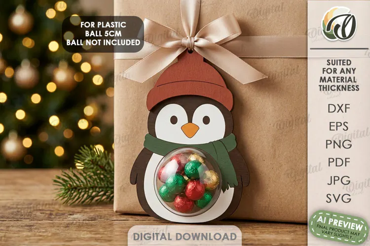 Christmas Candy Gift Tag Laser Cut. Penguin. Christmas SVG
