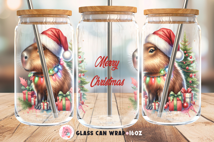 Christmas Capybara Glass 16 Oz Glass Can Wrap Png