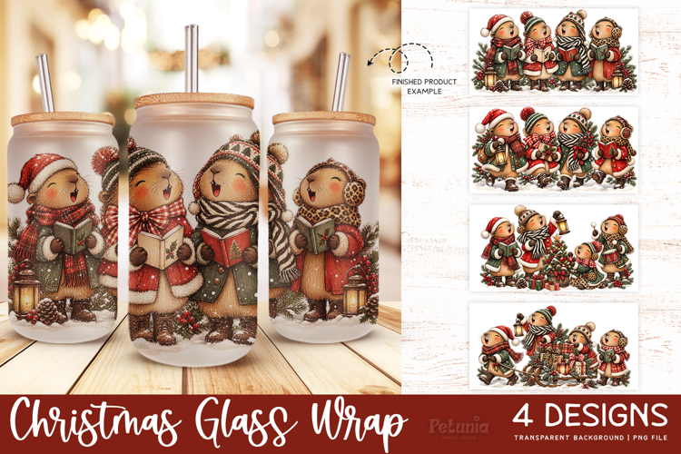 Christmas Capybara Glass Can Wrap PNG, 16oz Holiday Cup Wrap