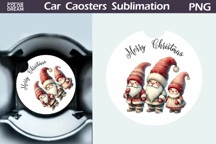 Merry Christmas Car Coaster | Retro Gnomes Round Coaster