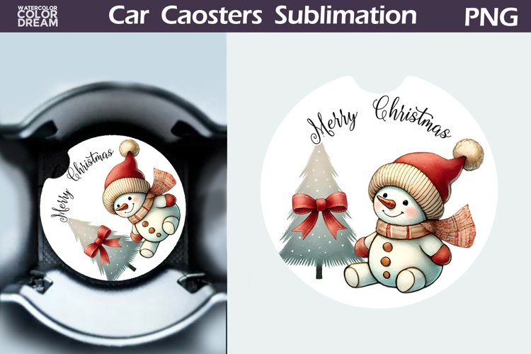 Merry Christmas Car Coaster | Retro Snowman Round Coaster example image 1
