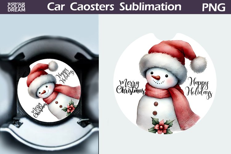 Merry Christmas Car Coaster | Retro Snowman Round Coaster example image 1