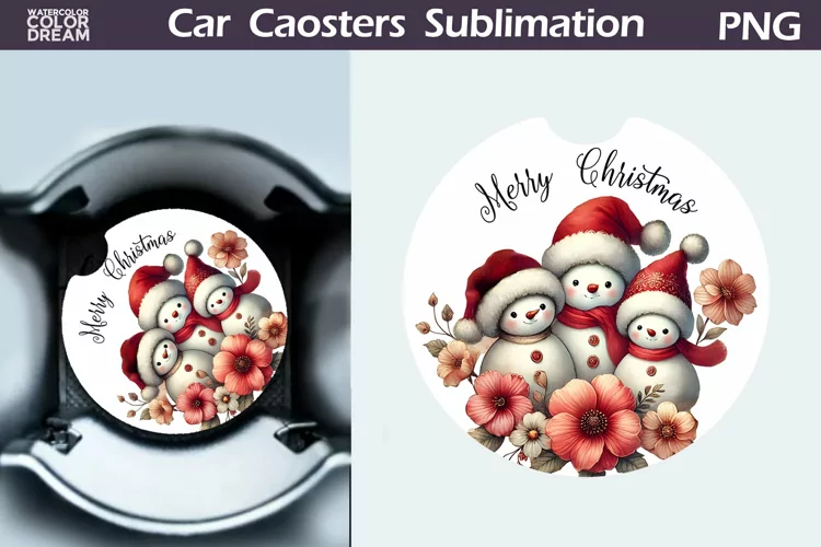 Merry Christmas Car Coaster | Retro Family Snowman Coaster