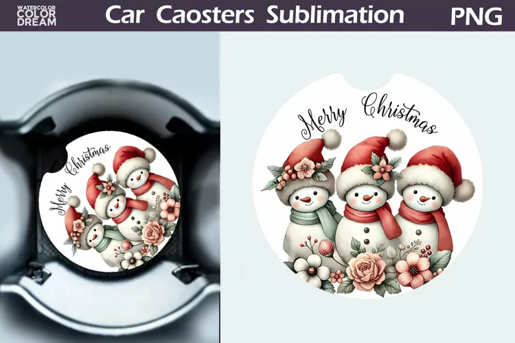 Merry Christmas Car Coaster | Retro Family Snowman Coaster