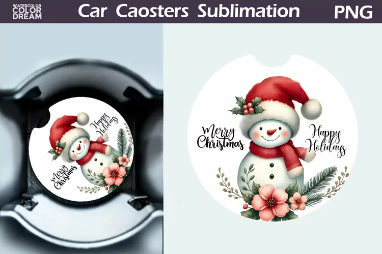 Merry Christmas Car Coaster | Retro Snowman Round Coaster