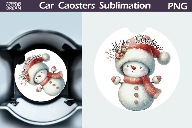 Merry Christmas Car Coaster | Retro Snowman Round Coaster example image 1