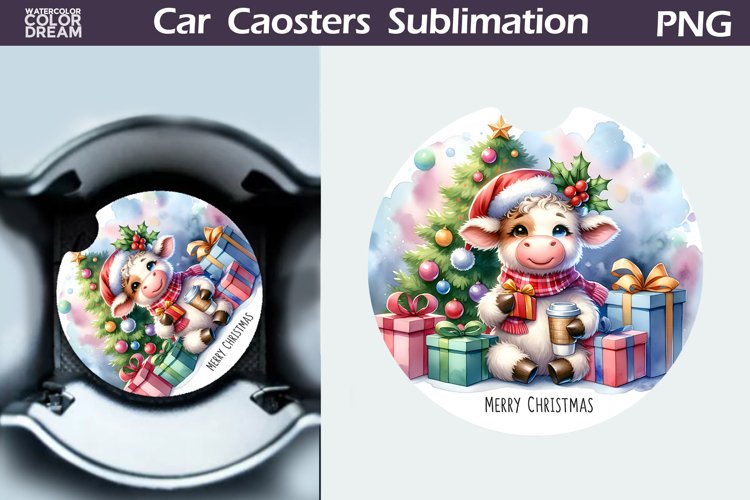 Christmas Cow Car Coaster | Christmas Round Coaster example image 1