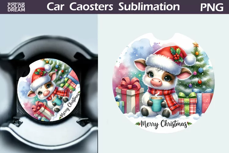 Christmas Cow Car Coaster | Christmas Round Coaster