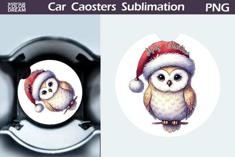 Merry Christmas Car Coaster | Retro Christmas Owl Coaster example image 1
