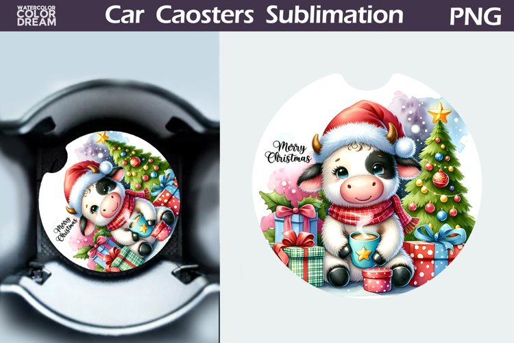 Christmas Cow Car Coaster | Christmas Round Coaster example image 1