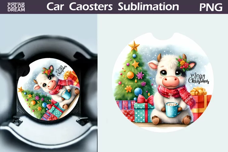 Christmas Cow Car Coaster | Christmas Round Coaster