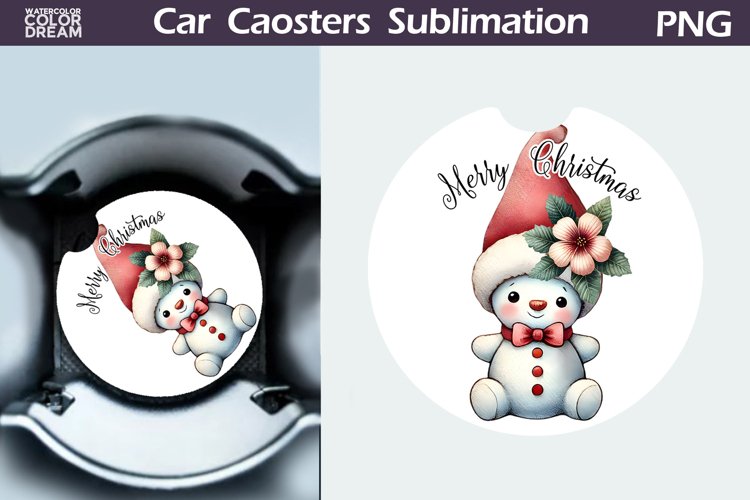 Merry Christmas Car Coaster | Retro Snowman Round Coaster example image 1