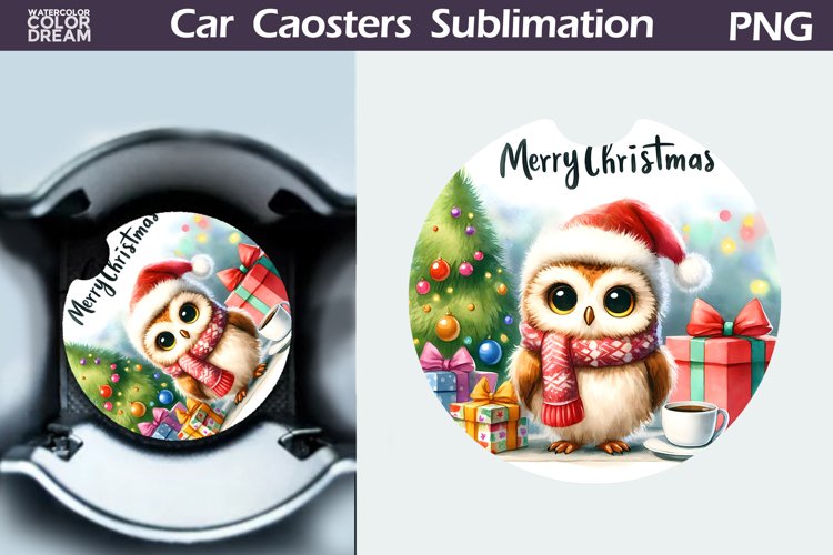 Christmas Owl Car Coaster | Christmas Round Coaster example image 1