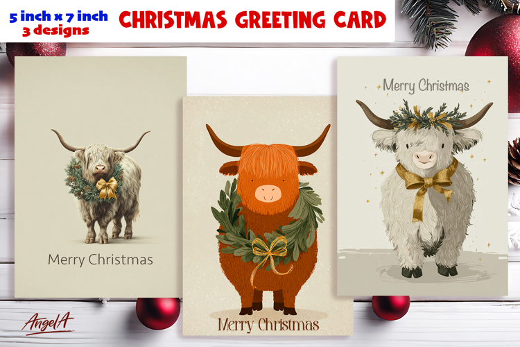 Merry Christmas card printable, funny highland cow wreath