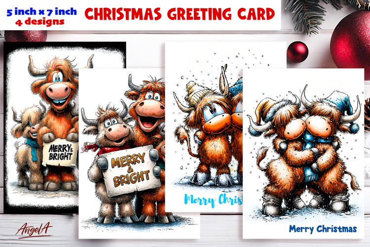 Merry Christmas card printable, funny highland cow family