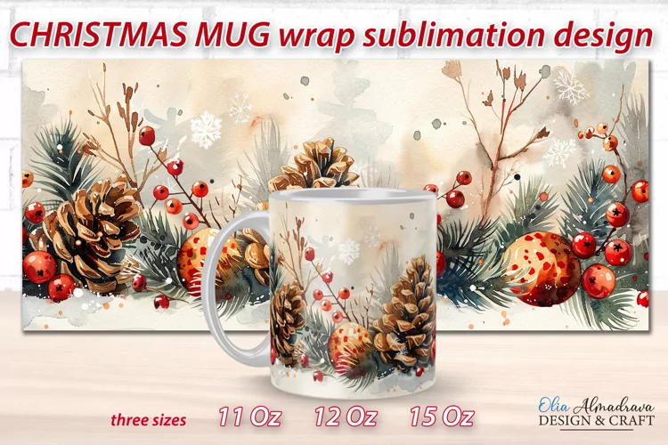 Christmas Mug Wrap Sublimation| Watercolor Mug Template PNG