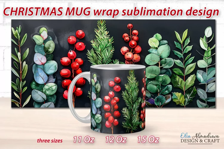 Christmas Mug Sublimation Wrap| Watercolor Mug Template PNG