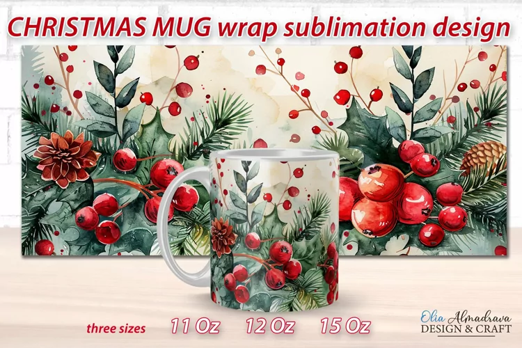 Christmas Mug Wrap Sublimation| Watercolor Mug Template PNG