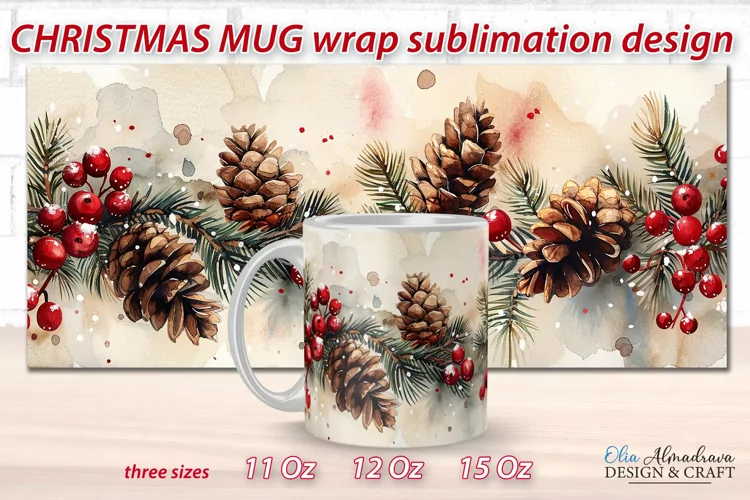 Christmas Mug Wrap Sublimation| Watercolor Mug Template PNG