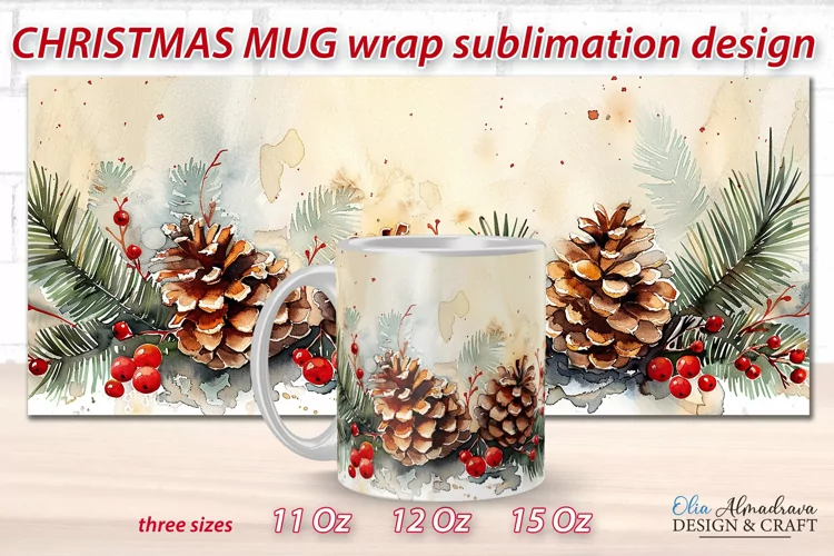 Christmas Mug Sublimation Template| Watercolor Mug Wrap PNG