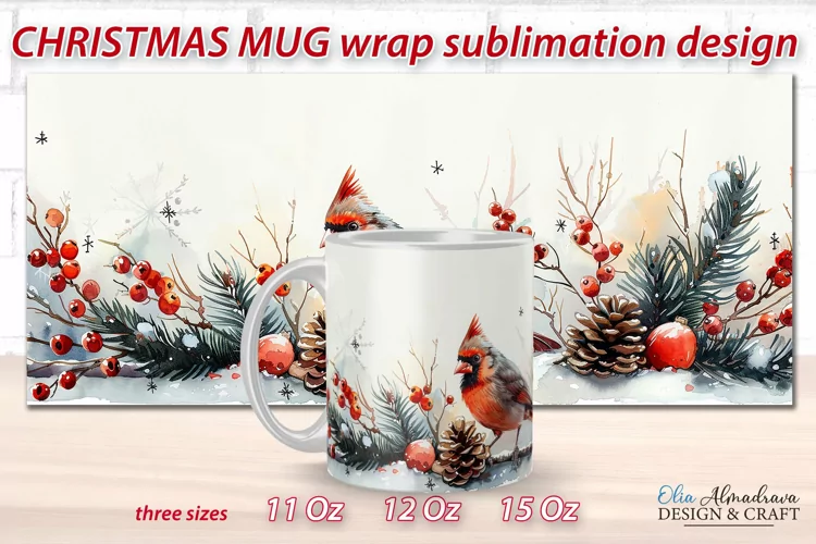 Christmas Mug Sublimation Template| Watercolor Mug Wrap PNG