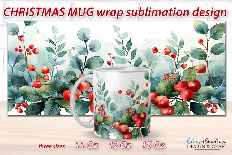 Christmas Mug Sublimation Template| Mug Wrap PNG Watercolor