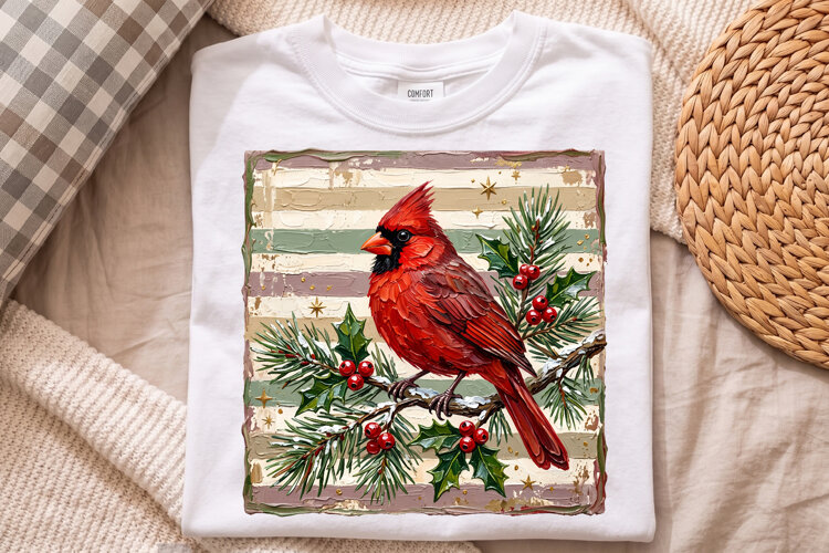 Christmas Cardinal Png, Red Bird on Pine and Holly example image 1