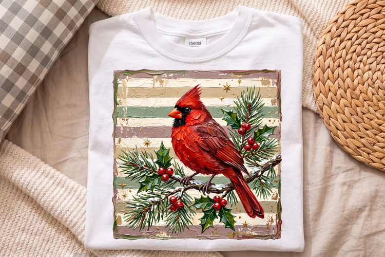 Christmas Cardinal Png, Red Bird on Pine and Holly