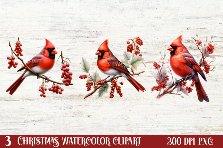 Christmas Cardinal Watercolor Clipart, Christmas Cardinal