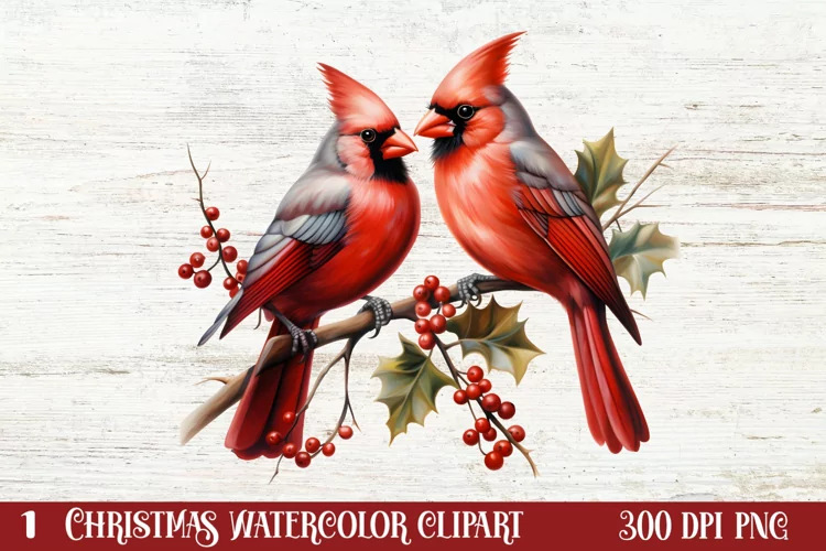 Christmas Cardinal Watercolor Clipart, Christmas Cardinal