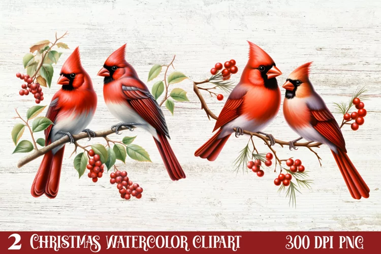 Christmas Cardinal Watercolor Clipart, Christmas Cardinal