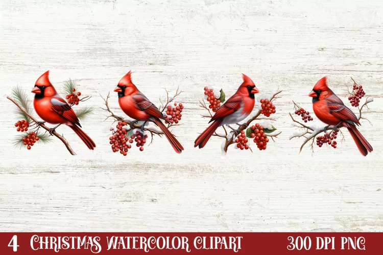 Christmas Cardinal Watercolor Clipart, Christmas Cardinal