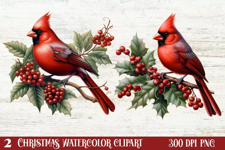 Christmas Cardinal Watercolor Clipart, Christmas Cardinal