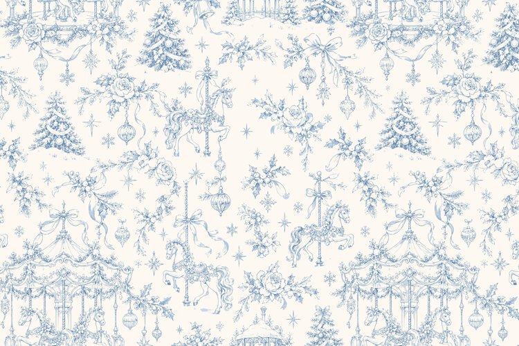 Vintage Blue Christmas Carousel Toile de Jouy Seamless Patte example image 1