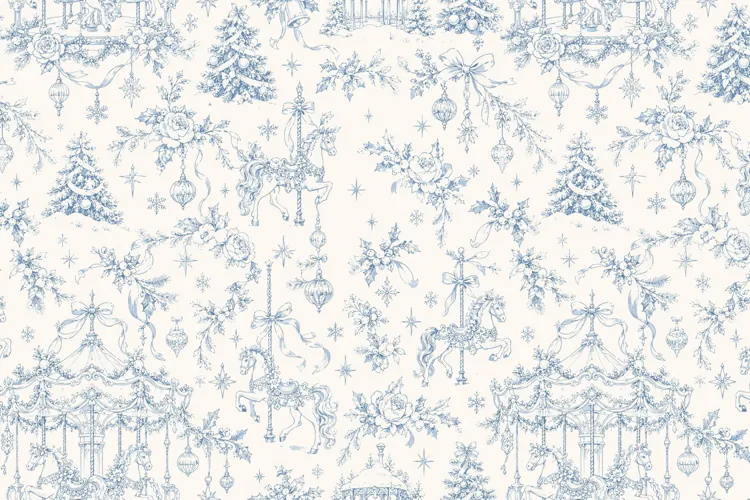 Vintage Blue Christmas Carousel Toile de Jouy Seamless Patte