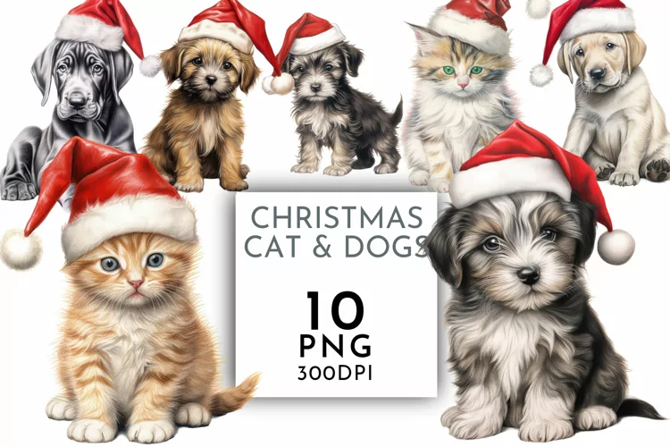 Dogs and Cats in Christmas Santa Hats | Watercolor Clipart
