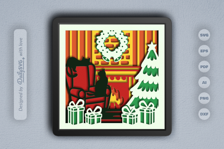 Christmas Cat and Fireplace Layered Papercut