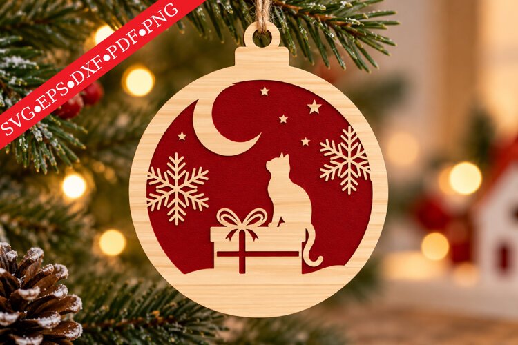 Christmas Cat and Snowflake Ornament SVG example image 1