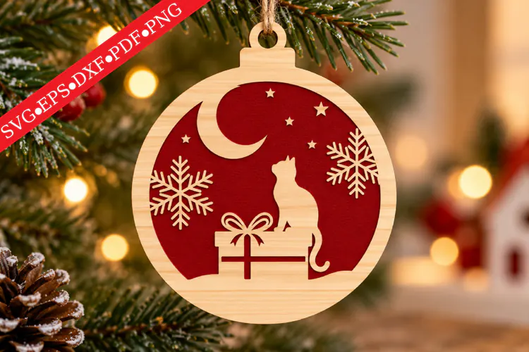 Christmas Cat and Snowflake Ornament SVG