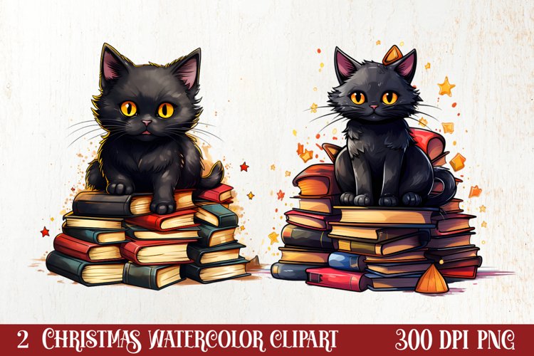 Christmas Cat Books Tree watercolor, Christmas Clipart